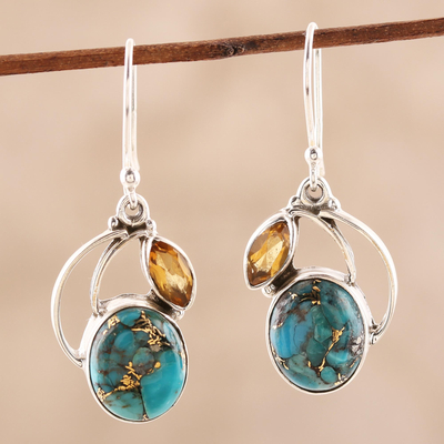 Citrine dangle earrings, 'Modern Mystique' - Composite Turquoise and Citrine Silver Dangle Earrings