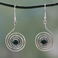 Malachite dangle earrings, 'Spiral Forest' - Malachite and Sterling Silver Earrings from India