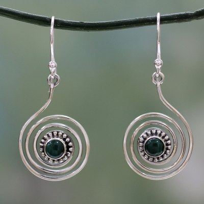 Malachite dangle earrings, 'Spiral Forest' - Malachite and Sterling Silver Earrings from India