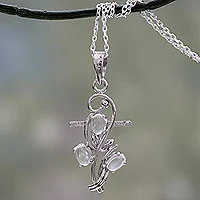 Moonstone cross pendant necklace, 'Blessed Trinity' - Handmade Silver Cross Necklace with Moonstones