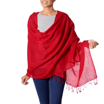 Chal de lana - Chal rojo de lana tejido para mujer de la India