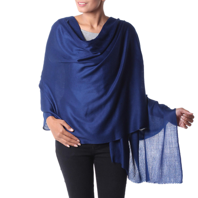 Indian Deep Cobalt Blue Woven Wool Shawl for Women - Valley Mist in ...
