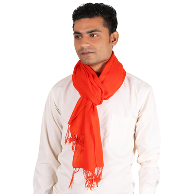 Men's wool scarf, 'Kashmiri Fire' - Men's Woven Wool Orange-Red Scarf from India