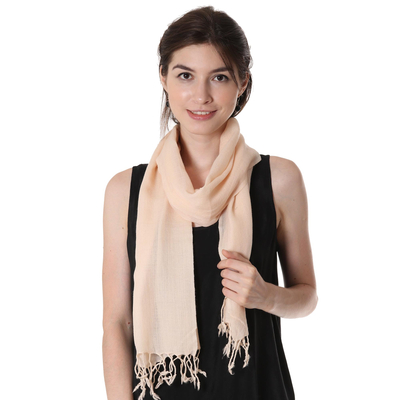 Wool scarf, 'Pale Peach' - Semi Sheer Wool Scarf in Pale Peach Wool