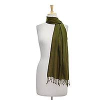 Wool scarf, 'Mossy Glade' - Diamond Pattern Olive Green Wool Scarf with Fringe
