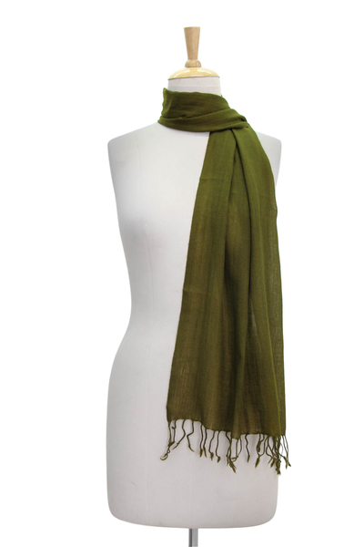 Diamond Pattern Olive Green Wool Scarf with Fringe