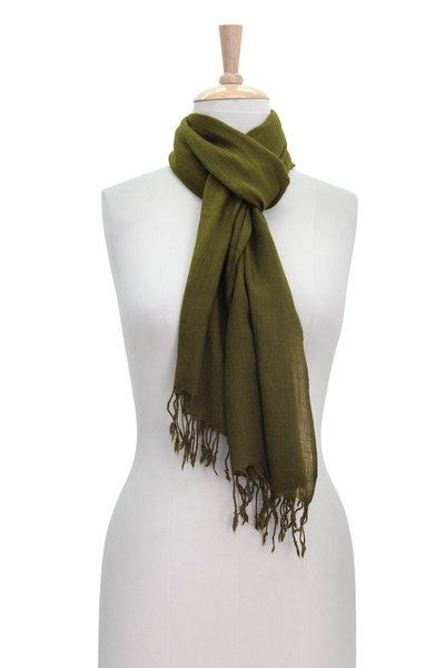 Wool scarf, 'Mossy Glade' - Diamond Pattern Olive Green Wool Scarf with Fringe