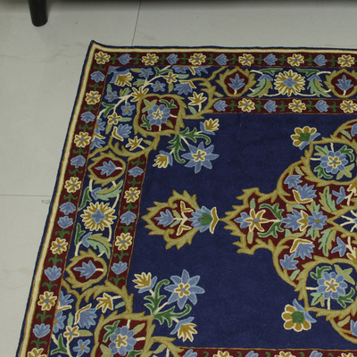 Wool chain-stitch rug, 'Season of Flowers' (3x5) - Chain Stitched Indian Rug in Blue, Burgundy and Gold (3x5)