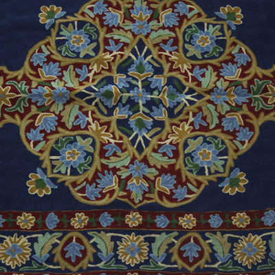 Wool chain-stitch rug, 'Season of Flowers' (3x5) - Chain Stitched Indian Rug in Blue, Burgundy and Gold (3x5)