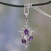 Amethyst cross pendant necklace, 'Holy Trinity' - Amethyst and Silver Cross Necklace with Rhodium Plating