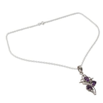 Amethyst cross pendant necklace, 'Holy Trinity' - Amethyst and Silver Cross Necklace with Rhodium Plating