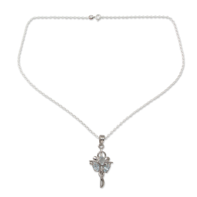 Blue topaz cross pendant necklace, 'Precious Trinity' - Cross Pendant Necklace with Blue Topaz Gems