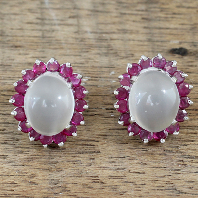 Ruby and moonstone button earrings, 'Love and Devotion' - Genuine Ruby and Moonstone Button Earrings in 925 Silver