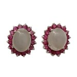 Ruby and moonstone button earrings, 'Love and Devotion' - Genuine Ruby and Moonstone Button Earrings in 925 Silver