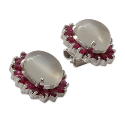 Ruby and moonstone button earrings, 'Love and Devotion' - Genuine Ruby and Moonstone Button Earrings in 925 Silver