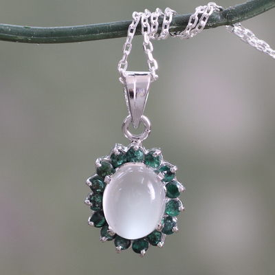 Emerald and moonstone pendant necklace, 'Love and Devotion' - Sterling Silver Necklace with Emerald and Moonstone