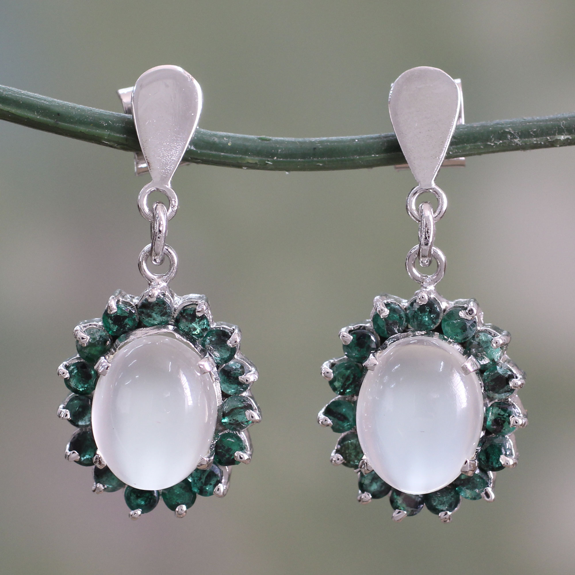 Indian Emerald And Moonstone Dangle Earrings - Love And Devotion 