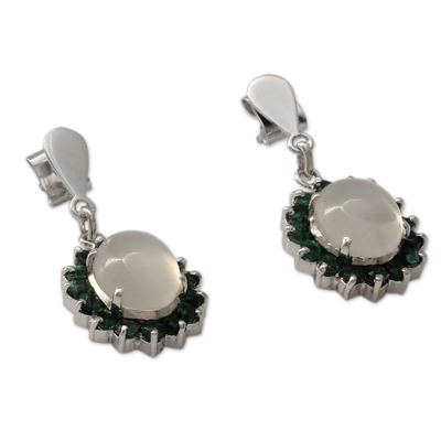 Emerald and moonstone dangle earrings, 'Love and Devotion' - Indian Emerald and Moonstone Dangle Earrings