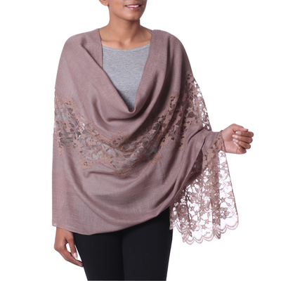 Wool blend shawl, 'Impeccable Kashmir' - Taupe Wool and Viscose Blend Shawl with Lace Trim