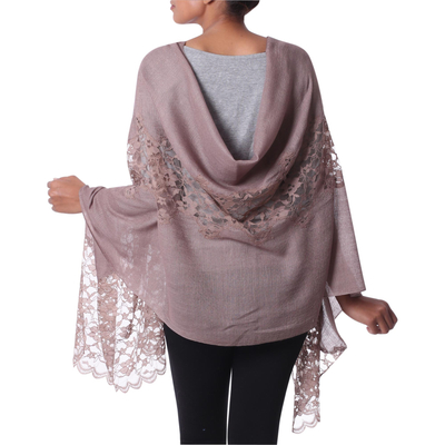 Wool blend shawl, 'Impeccable Kashmir' - Taupe Wool and Viscose Blend Shawl with Lace Trim