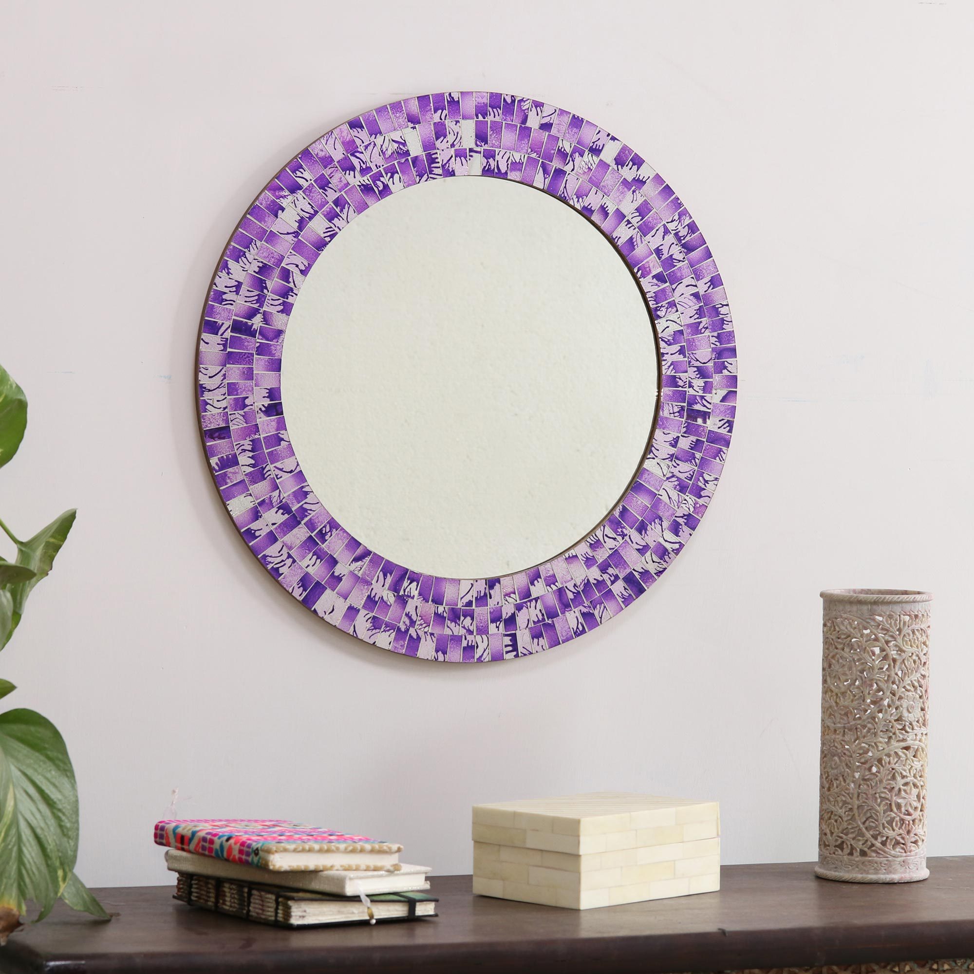 Round Wall Mirror And Frame Handcrafted With Mosaics Purple Ca