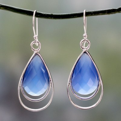 Blue chalcedony dangle earrings, 'Delhi Glam' - Artisan Designed Blue Chalcedony Hook Earrings from India