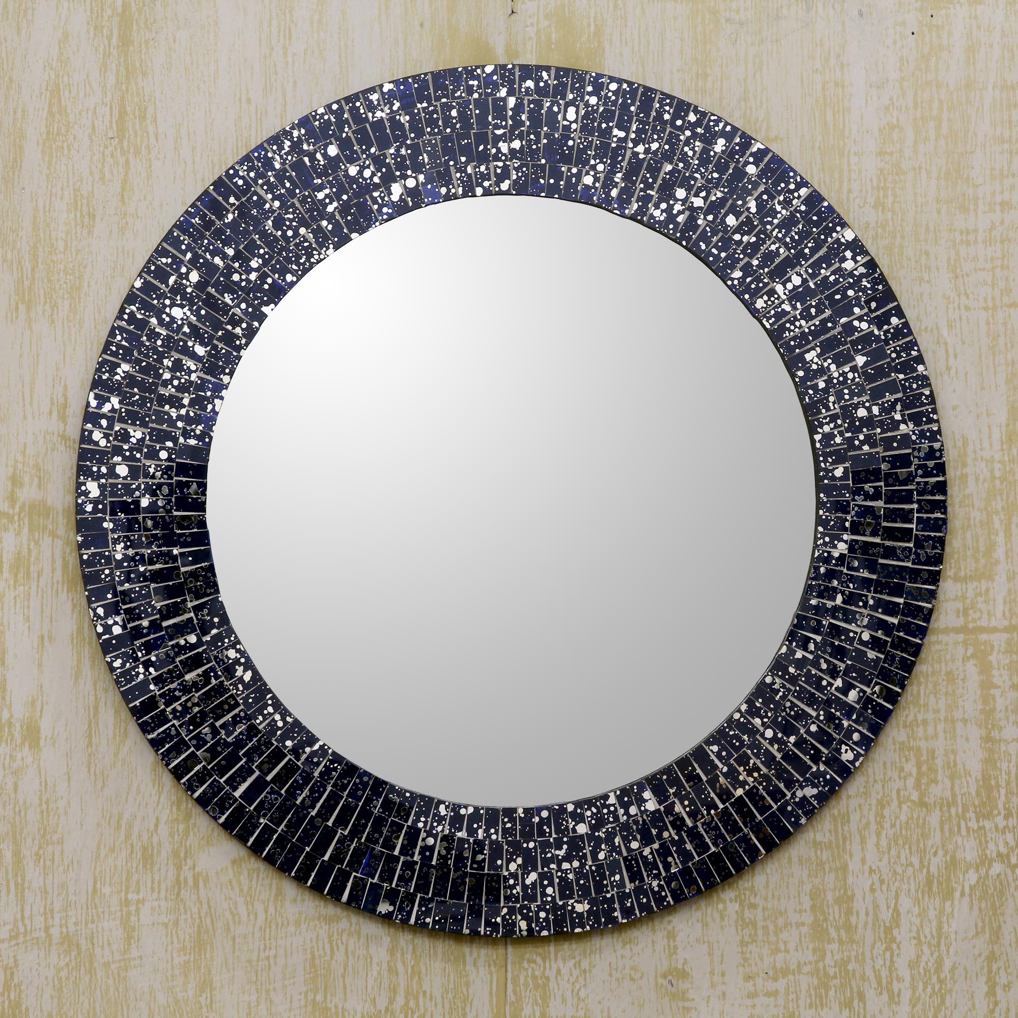 Navy Blue Glass Mosaic Round Wall Mirror Crafted By Hand Cosmos