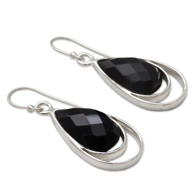 Onyx dangle earrings, 'Delhi Glam' - Sterling Silver Dangle Earrings with Black Onyx