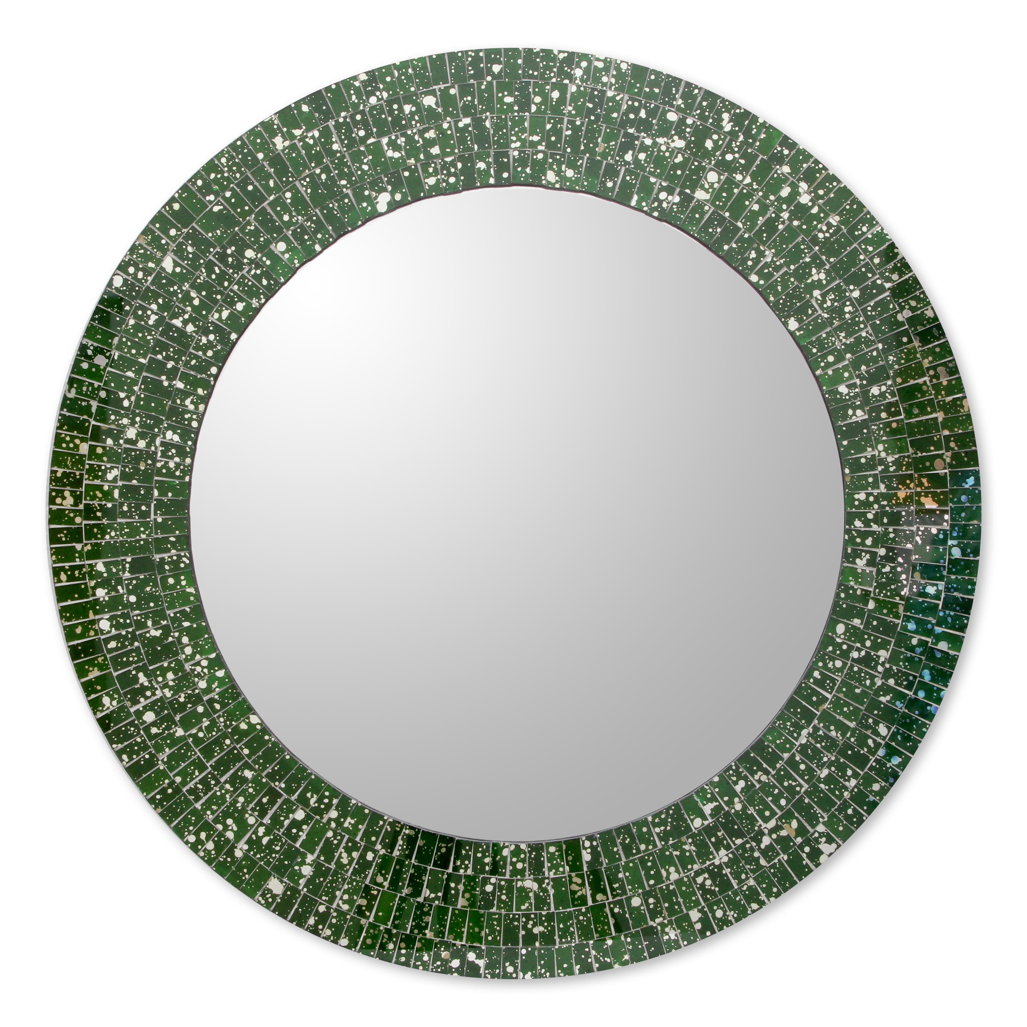 Green Glass Mosaic Round Wall Mirror Crafted by Hand Round Emerald