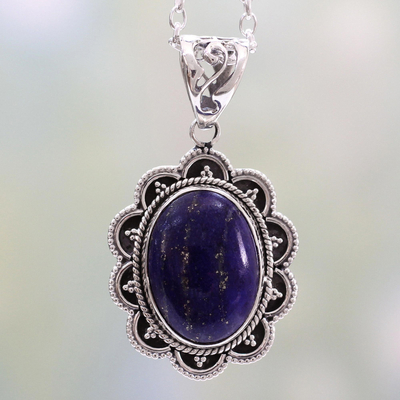 Lapis lazuli pendant necklace, 'Royal Audience' - Artisan Crafted Lapis Lazuli and Silver Pendant Necklace