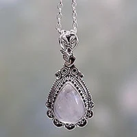 Rainbow moonstone pendant necklace, 'Moonlight Glamour' - Ornate Handcrafted Sterling Silver Necklace with Moonstone