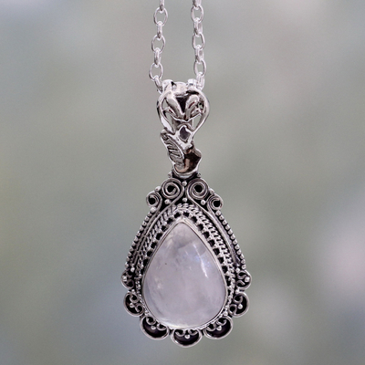 Rainbow moonstone pendant necklace, 'Moonlight Glamour' - Ornate Handcrafted Sterling Silver Necklace with Moonstone