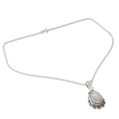 Rainbow moonstone pendant necklace, 'Moonlight Glamour' - Ornate Handcrafted Sterling Silver Necklace with Moonstone