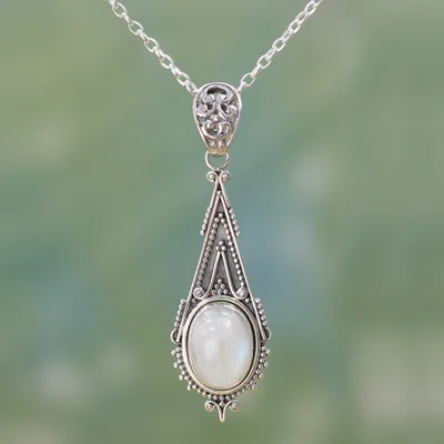 Rainbow moonstone pendant necklace, 'Moonlight Radiance' - Handcrafted Moonstone Sterling Silver Necklace