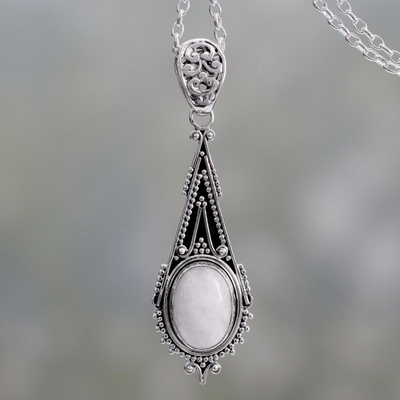 Rainbow moonstone pendant necklace, 'Moonlight Radiance' - Handcrafted Moonstone Sterling Silver Necklace