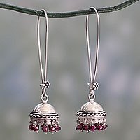 Garnet dangle earrings, 'Grand Tradition' - Indian Style Garnet and Sterling Silver Earrings