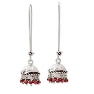 Garnet dangle earrings, 'Grand Tradition' - Indian Style Garnet and Sterling Silver Earrings