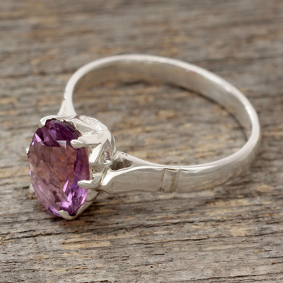 Amethyst solitaire ring, 'Solitary Allure' - Amethyst and .925 Sterling Silver Solitaire Ring