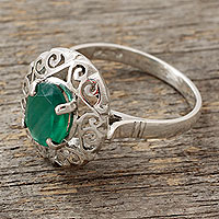 Green onyx cocktail ring, 'Festivity in Green' - Jali Style Silver Cocktail Ring with Green Onyx