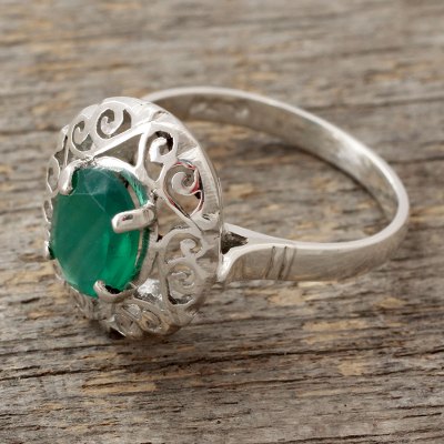 Green onyx cocktail ring, 'Festivity in Green' - Jali Style Silver Cocktail Ring with Green Onyx