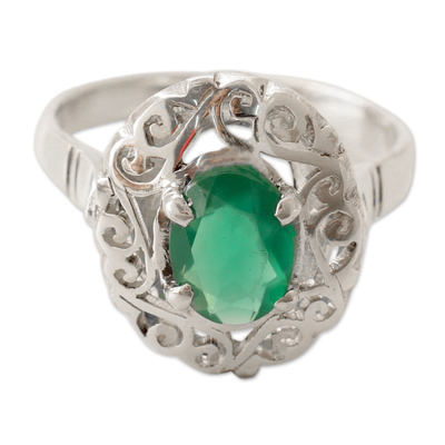 Green onyx cocktail ring, 'Festivity in Green' - Jali Style Silver Cocktail Ring with Green Onyx