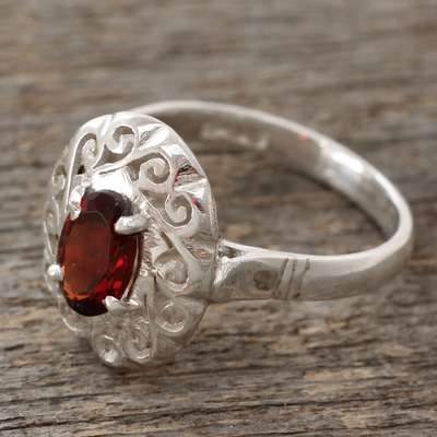 Garnet cocktail ring, 'Festivity in Red' - Artisan Crafted Garnet Ring in Sterling Silver