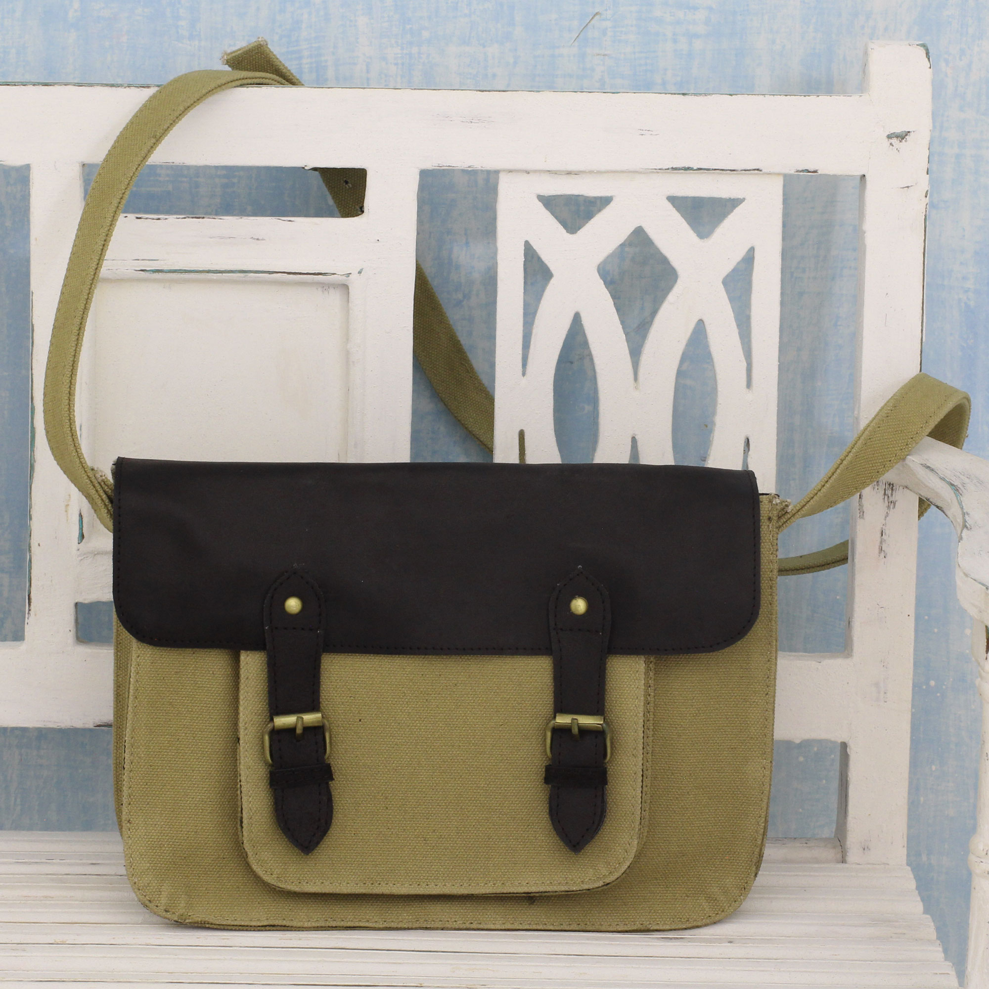 Khaki Canvas Messenger Bag With Black Leather Trim Casual In Khaki Novica