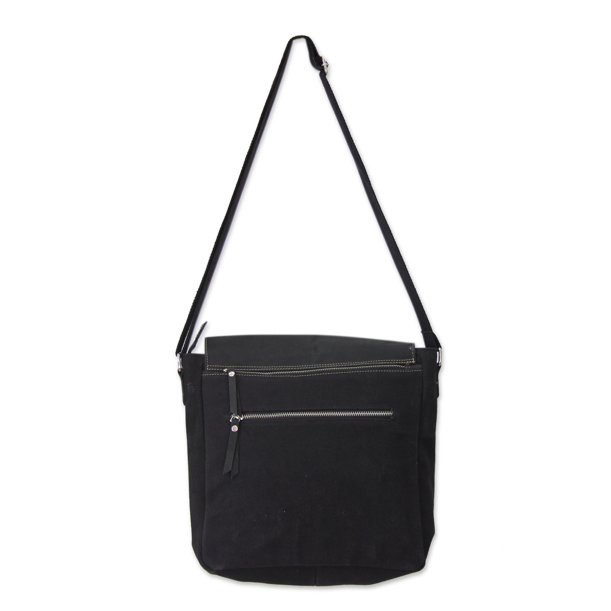 Black Leather and Canvas Messenger Bag with 8 Pockets - Black Pockets ...