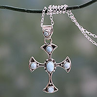 Larimar cross pendant necklace, 'Sacred Memory' - Larimar and Sterling Silver Cross Pendant Necklace