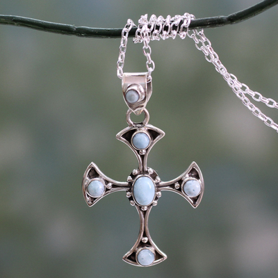 Larimar cross pendant necklace, 'Sacred Memory' - Larimar and Sterling Silver Cross Pendant Necklace