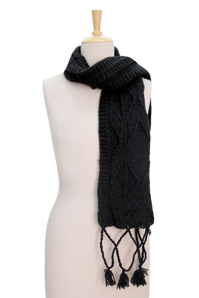 Black Patterned Wool Scarf Knit by Hand in Himalayas