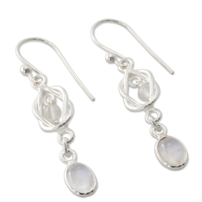 Rainbow moonstone dangle earrings, 'Moonlight Knot' - Artisan Crafted Rainbow Moonstone and Silver Earrings