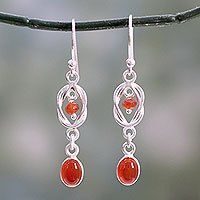 Onyx dangle earrings, 'Festive Red Knot'