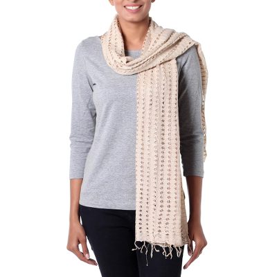 Viscose scarf, 'Beige Honeycomb' - Women's Beige Viscose Scarf with Open Work